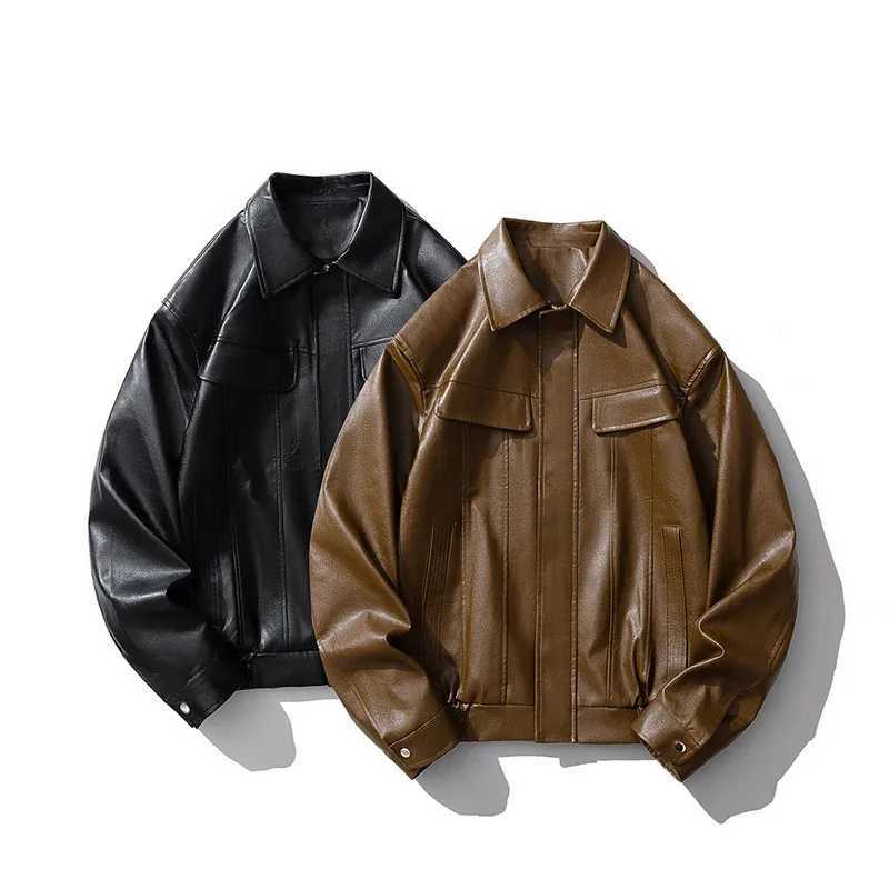 Mens artificial leather bomber jacket motorcycle lapel zipper bicycle jacket retro streetwear black brown jacket Y241018