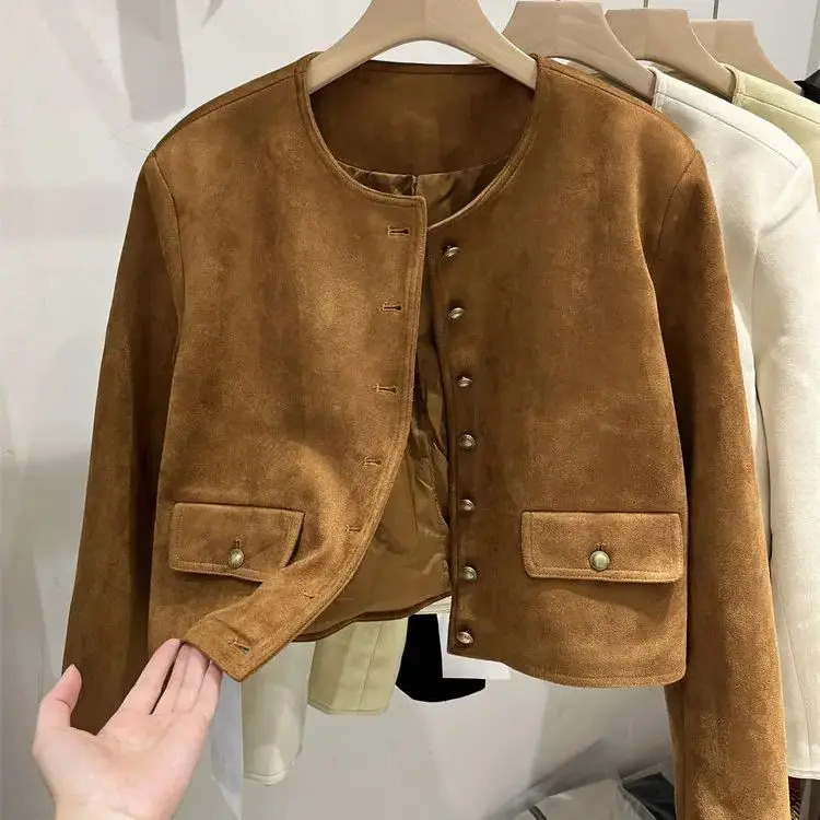 Short Coat Suede Small Fragrance Spring WomenS French Round Neck Solid Color Casual Top Autumn 241018