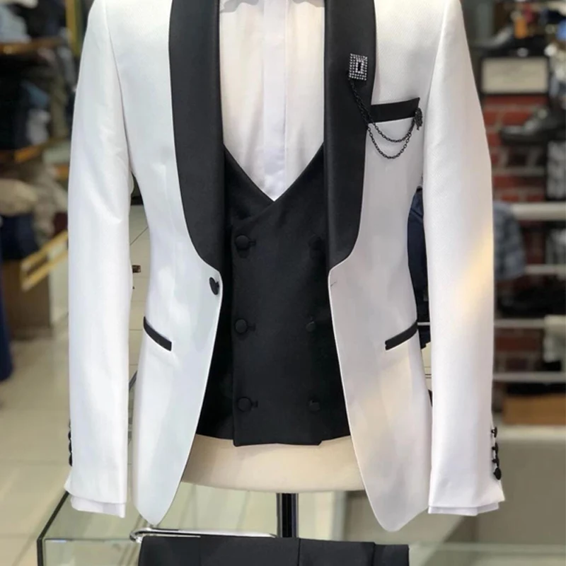 3 Pieces Wedding Tuxedos White Slim Fit Men Suits Jacket with Black Pants Vest Formal Fashion Groomsmen Wear 2024