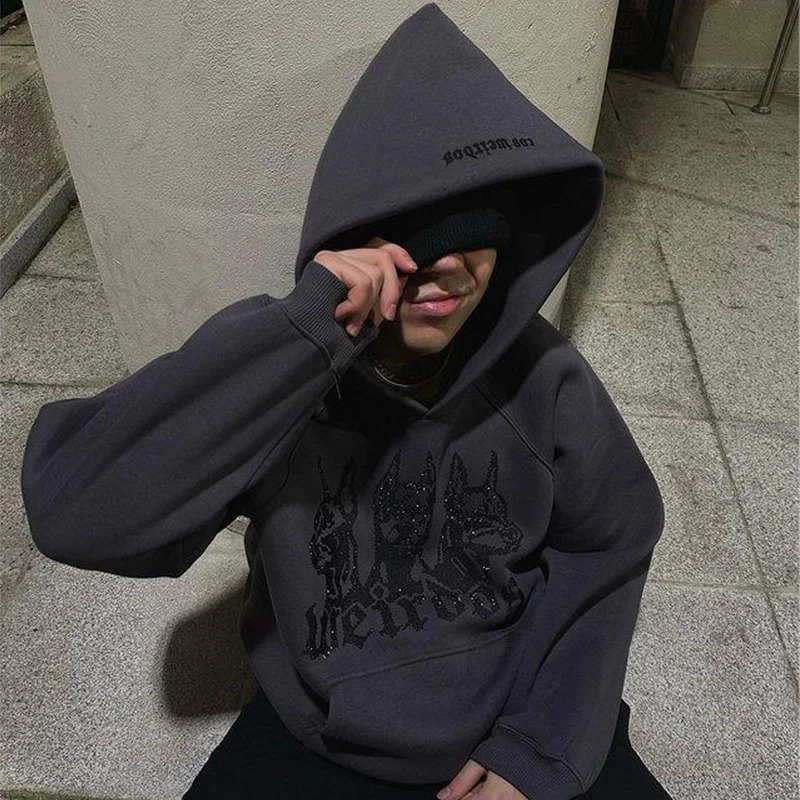 Y2k Hip Hop Rhinestone Gothic Grunge Graphics Pullover Hoodies Harajuku High Street Hooded Grey Sweatshirts Coats Streetwear Top 241017