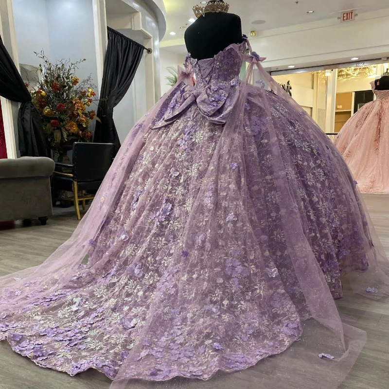 Sparkly Lavender Sweetheart Princess Ball Gown Quinceanera Dresses Off The Shoulder Sequin Applique Lace 3D Flower Beads Tull Bow Sweet 16 Dress Vesti