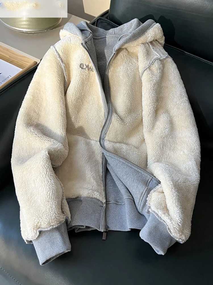 Thick Lambwool Lined Hooded Jackets Coats Fall Winter Loose Chaquetas Casual Candy Color Casaco Tops Korea Fahsion Women JaquetaX241018
