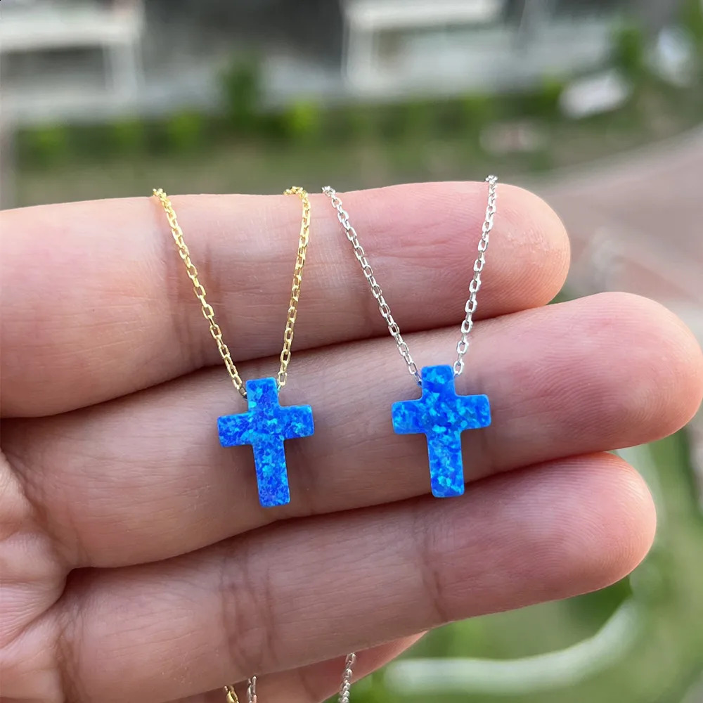 Synthetic OP03 Mint/OP05 Blue Cross Opal Necklace Fashion Cross Opal Necklace with Box Chain or O-Chain 241018