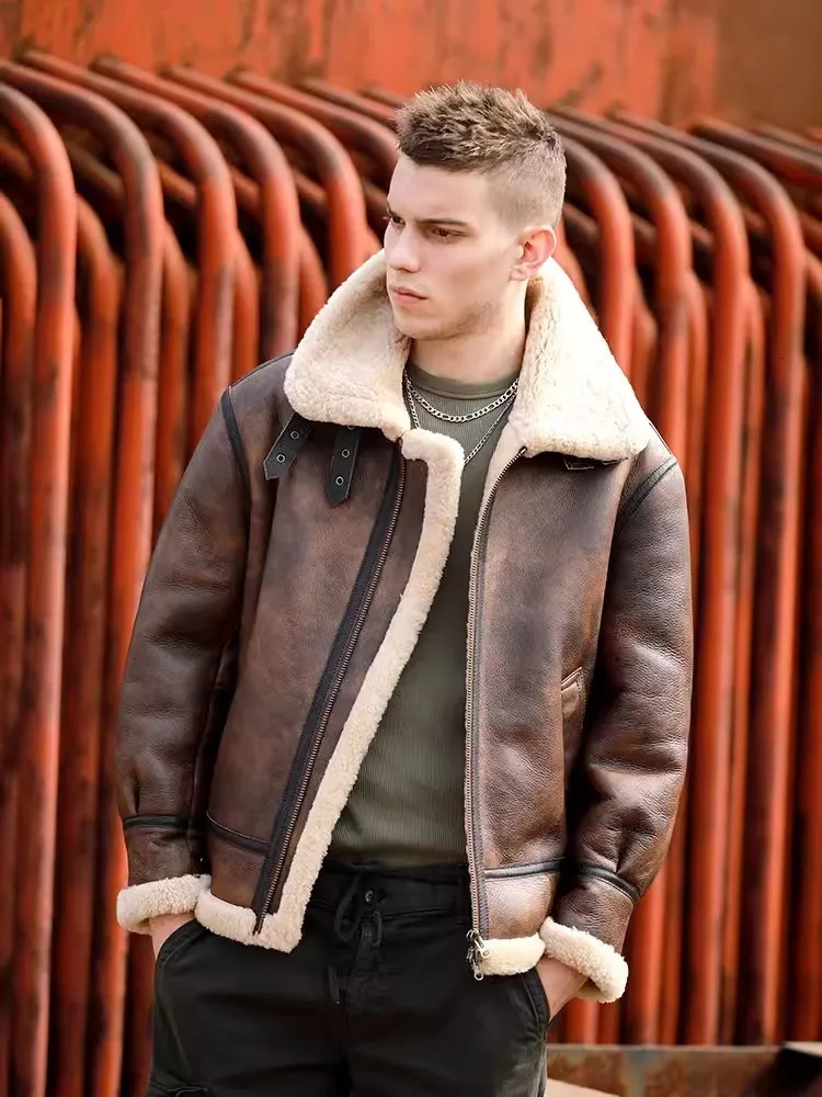 Classic Natural Real Fur Shearling Coat Men Zipper Streetwear Winter Warm Wool Mens Genuine Leather Pilot Motorcycle Jacket 241018