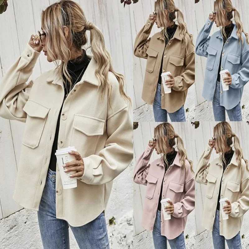 Women Solid Loose Cardigan Pocket Coat Spring Autumn Woolen Coat Women Long Sleeve Single Breasted Turn-down Collar Woolen CoatX241009
