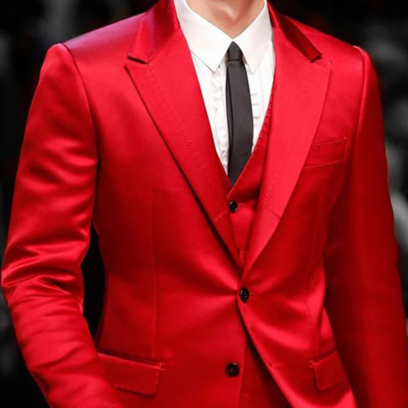 Red Smoking Suits For Men Slim Fit 3 Pieces Wedding Prom Tuxedo Jacket Vest With Pants Male Fashion Clothes Peaked Lapel Costumes