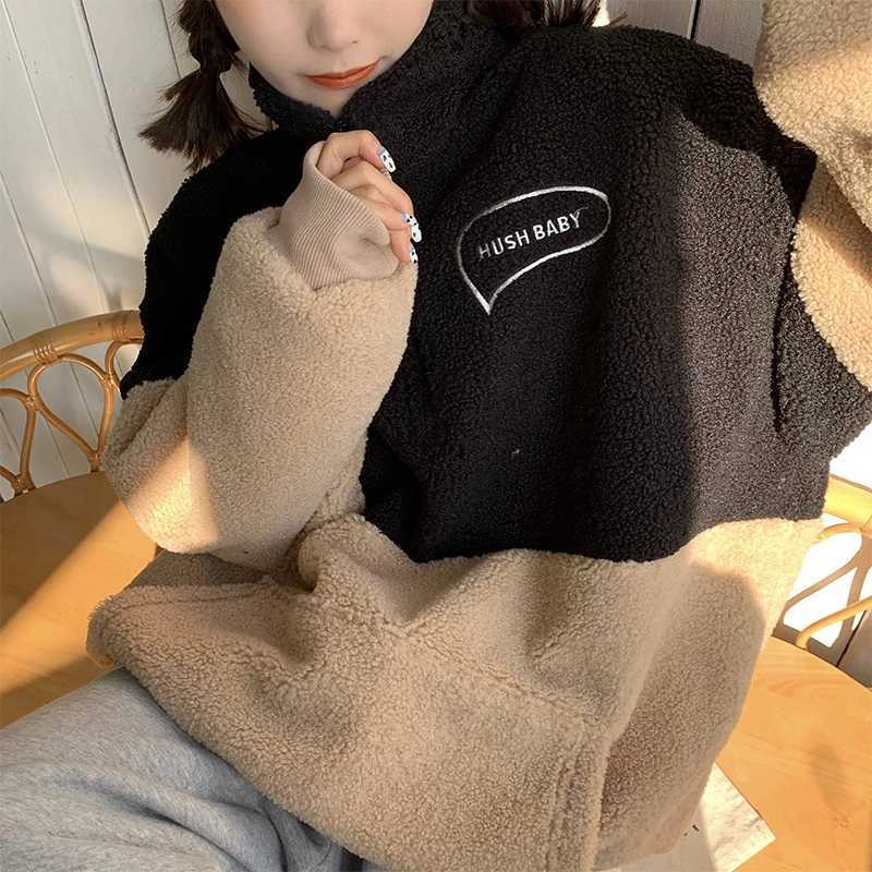 Winter Korean Casual Women Hoodie Sweatshirt Harajuku Lamb Wool Zipper Half High Collar Coat Letters Hush Baby Female PulloverX241018