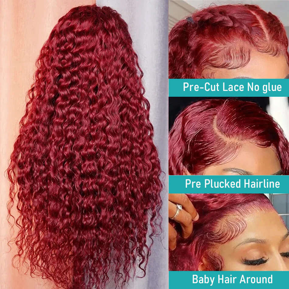 Bury 99J Deep Wave Front Wigs Human Frontal Wig HD Transparent Lace 13x6 Red Colored Brazilian Hair For Women