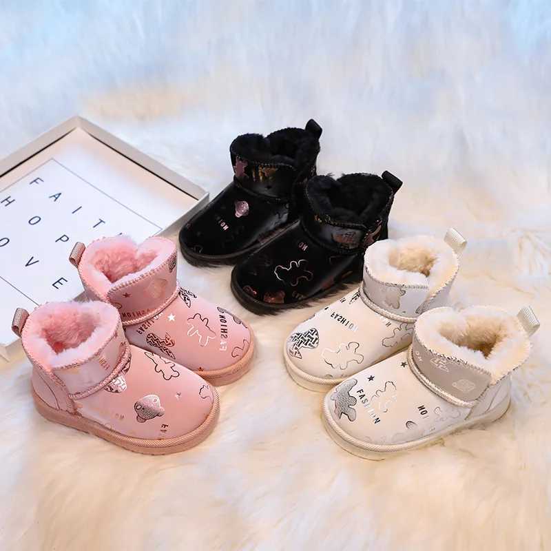 Boots Fashionable girls winter thick boots warm childrens cotton shoes plush cute printed childrens snow boots soft sole non slip sports shoes H241018