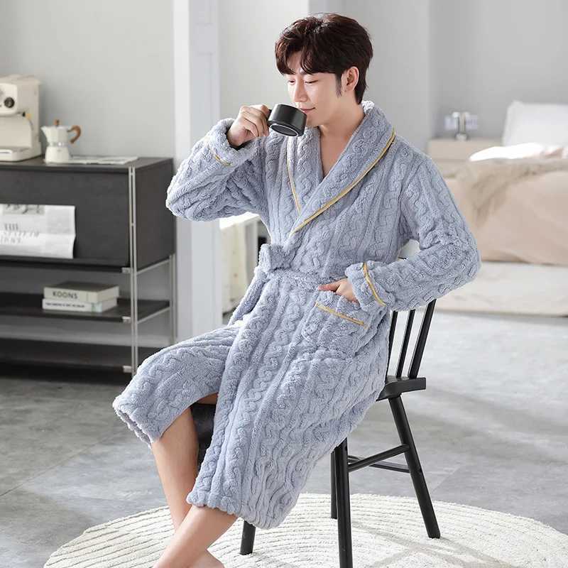 Autumn Winter Thickening Warm Flannel Bathrobe Men Dressing Gown Coral Fleece Bath Robe Male Sleepwear Nightgown Kimono HommeXJ241018