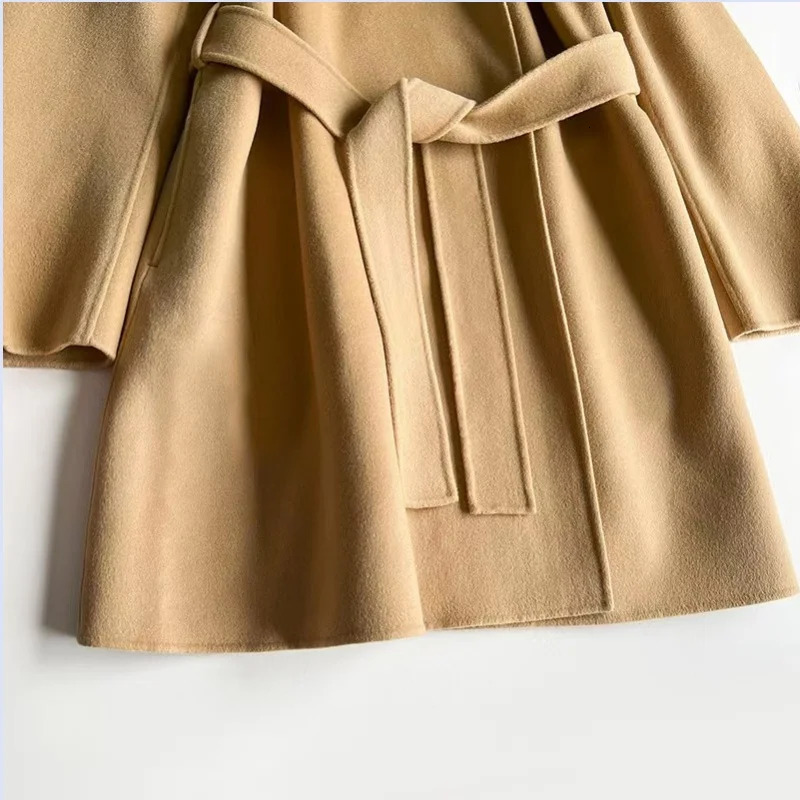 Heavy duty woolen fabric from Sweden niche stand up collar without buckle waistband mid length coat jacket 241018