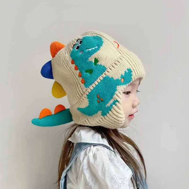 Dinosaur Kids Earmuffs Hat Winter Warm Knitted Beanie Cap for Boy Girl Cute 3D Solid Color Toddler Ear Protection Caps LX241018