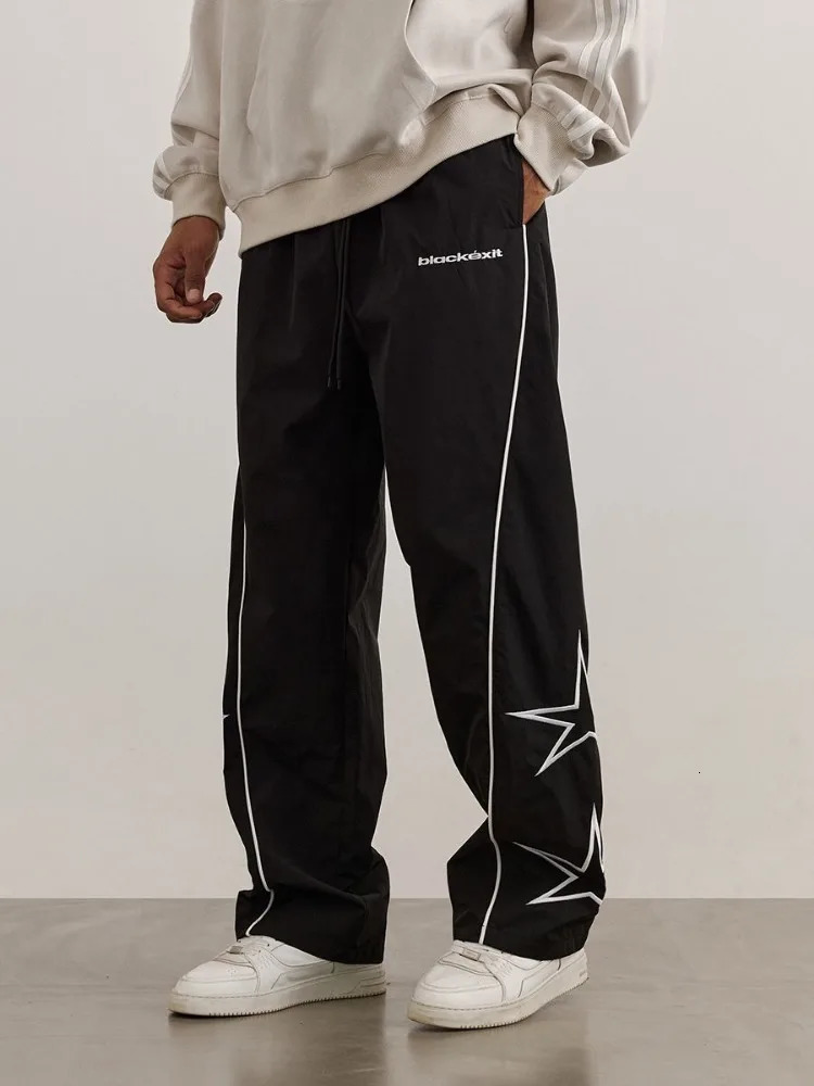 HOUZHOU Y2K Star Parachute Pants Men Streetwear Sports Wide Leg Trousers Male Workwear Hip Hop Harajuku Sweatpants Embroidery 241018