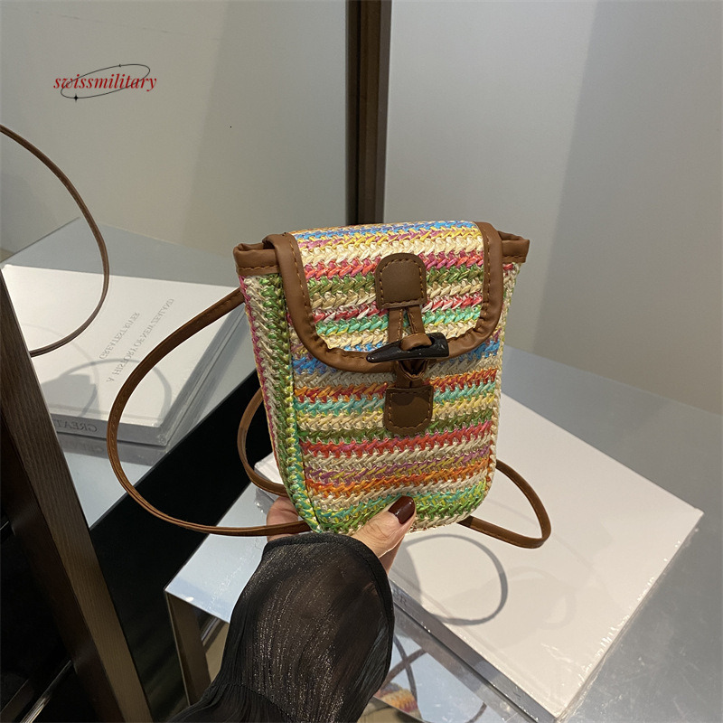 Bohemian style woven mobile phone for women 2024 new stylish niche design striped contrasting versatile crossbody bag #12 swissmilitary