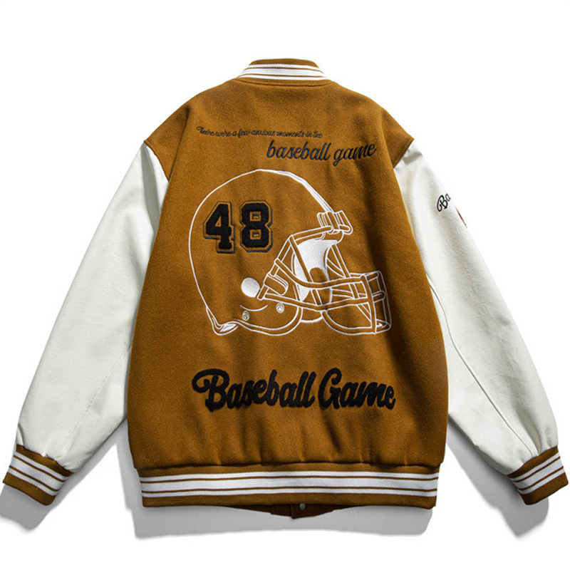 Hat Pattern Embroidery Varsity Bomber Jacket Men And Women Baseball Uniform Retro College Patchwork Leather Sleeve Outcoat Brown