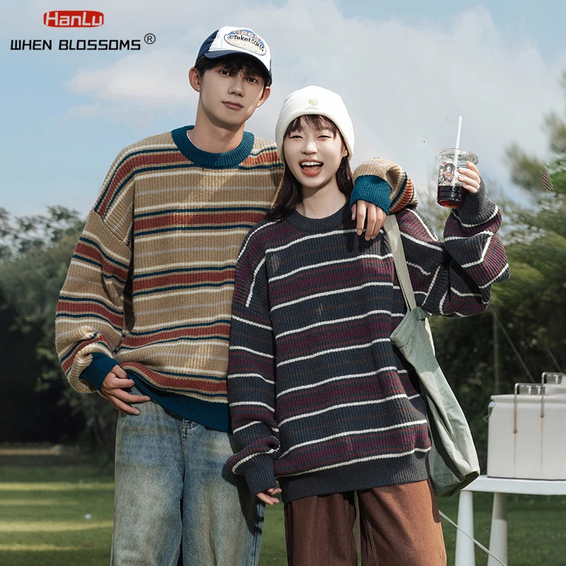 Korean Fashion Vintage Striped Knit Sweater Men Women Pullover Couple knitted Coat Autumn Winter Loose Soft Warm Top streetwear 241018