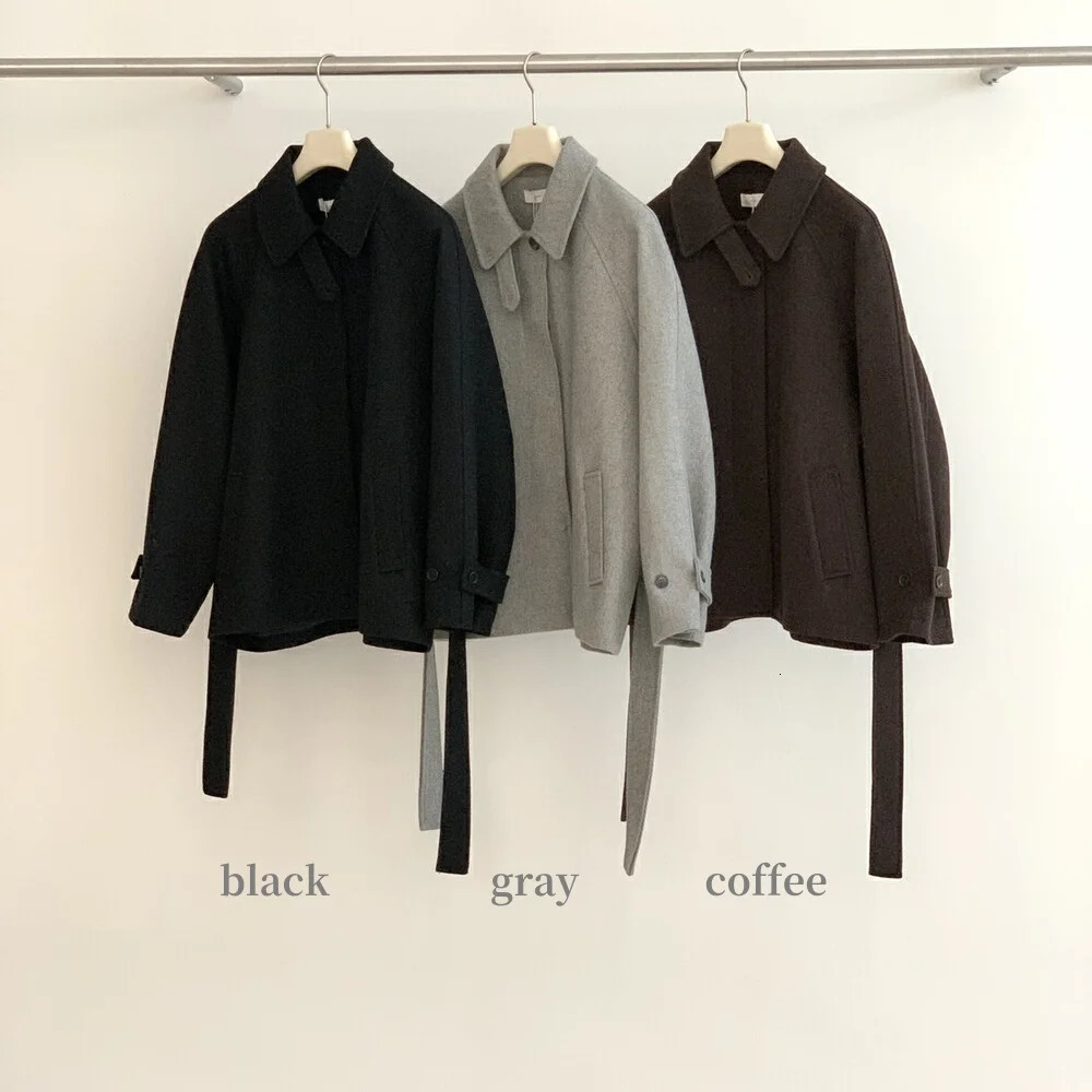 Winter Wool Blend Cropped Girdle Coat Women Raglan Sleeve Stand Up Collar Loose Fitting Casual Jacket Overcoats with Belt 241018