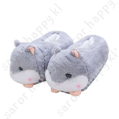 Cute Cartoon Hamster Design House Women Fur Slippers Gray Pink Brown Winter Warm Ladies Plush Shoes Onesize Fluffy Girls Slides 859