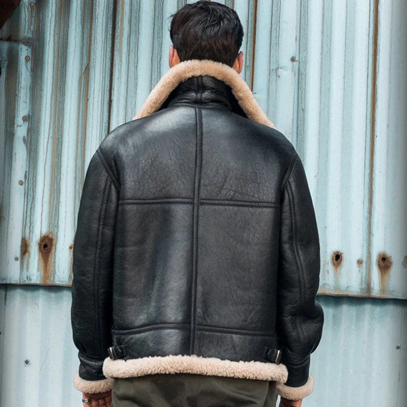 Mens Real Fur Classic Brown Black Bomber Jacket Winter Shearling Sheepskin Coat Men Genuine Leather Biker Jackets Large Size 6XL 241018