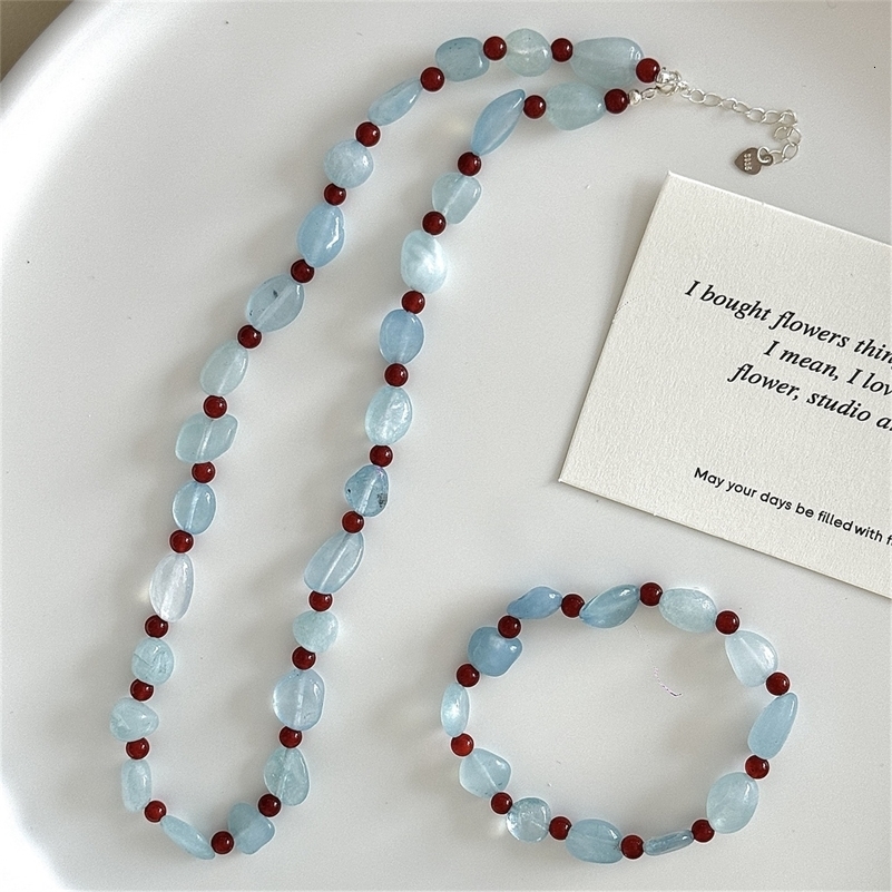 Natural aquamarine gemstone red agate irregular bead necklace for women Bohemian handmade bluestone bracelet jewelry set 241017