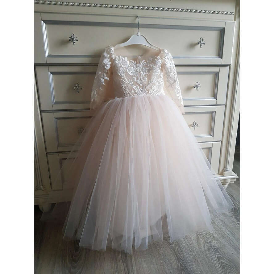 Wer Tulle Lace New Girls Dresses Long Sleeves For Child Wedding Party Bridesmaid Maxi Ball Gown Communion Evening Mc