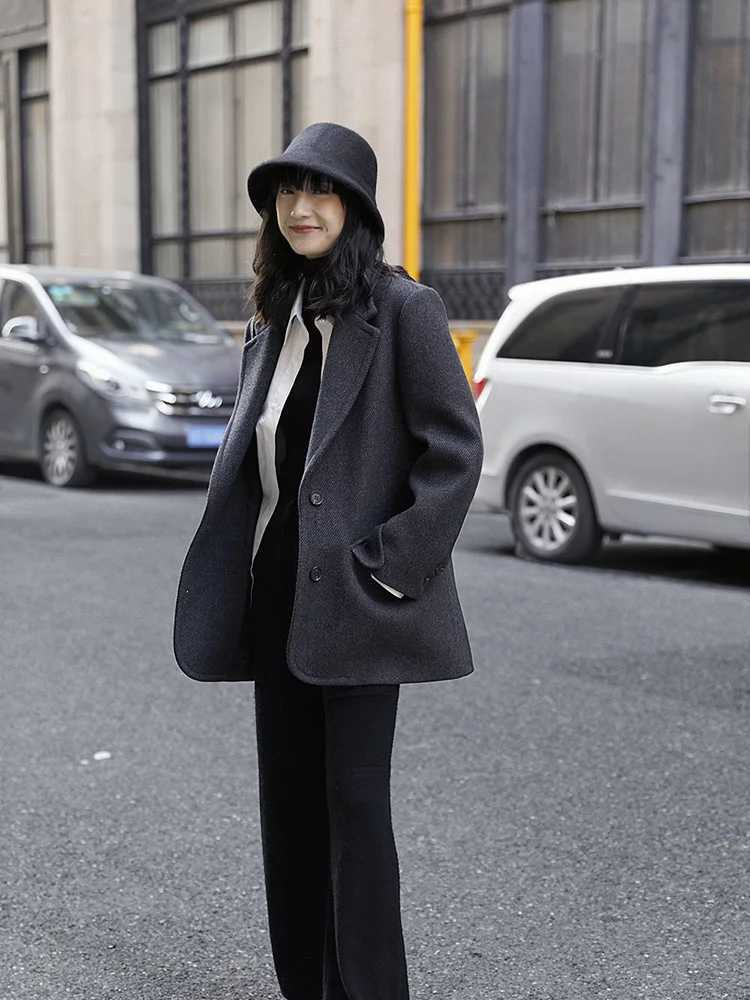 Winter Korean Woolen Suit Coat Thick Single Breasted Women Mid Length Jackets Warm New Loose Vintage Wool Blend Casaco OvercoatX241009