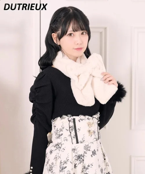 Japanese Cute Girl Cute Bow Scarf Winter Kawai Plush Rabbit Fur Warm Scarf Female Lolita Accessories Girl Black Scarf 241017