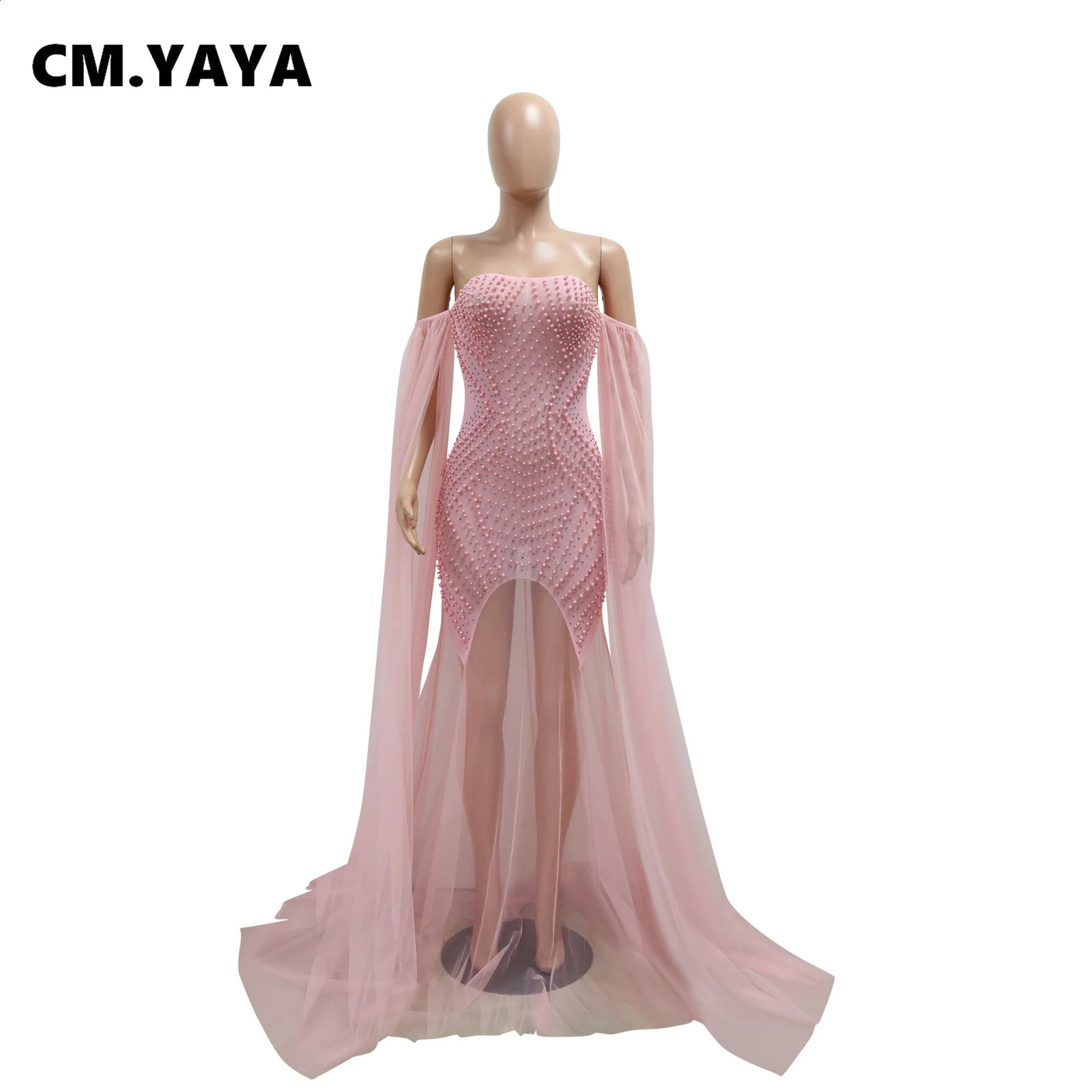 CM.YAYA womens pearl strapless mesh see through long skirt without back 2024 summer street Maxi party evening mermaid dress Vestido 241017