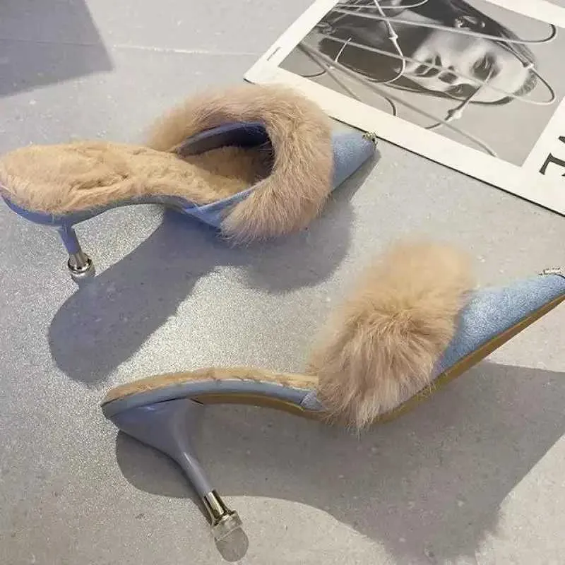 Fur Slippers Mules Pointed Toe Elegant High Heels Shoes Womens Autumn New Furry slipper Slides Flip ps Office Work Ytmtloy IndoorL464