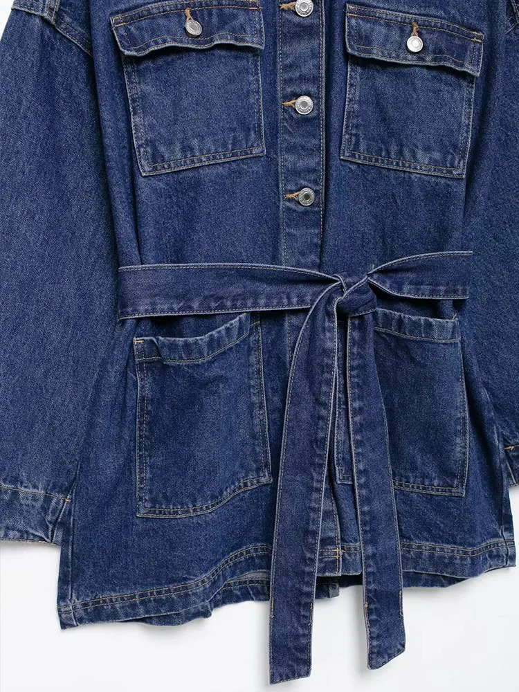 TRAF Autumn Vintage Denim Jacket Women Loose Sash Tie Up Mid Length Coat Y2k High Street Casual Chic Tops 241018