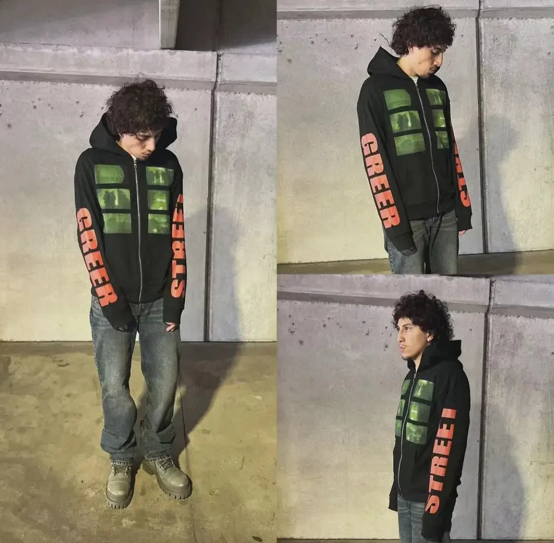 American retro hoodie Y2K letter print casual oversized gothic zipper loose sweatshirt for street wear 241017