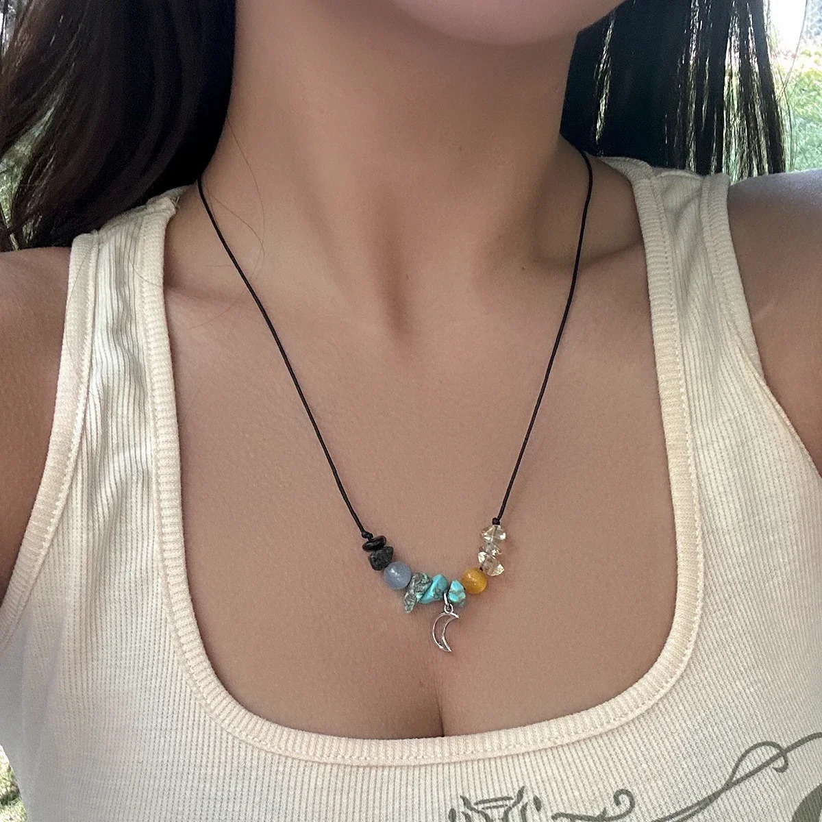 Lacteo vintage natural stone pendant necklace suitable for women irregular beads necklaces jewelry adjustable ropes Y2K accessories 241018