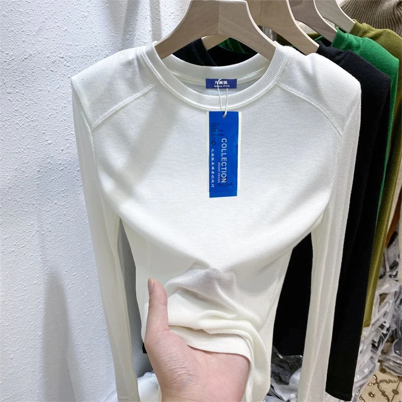 Womens Tshirt Long Sleeve Thin Soft O Neck Autumn Blouse Solid Color Green Fashion Elasticity Slim Shirts for Women 241018