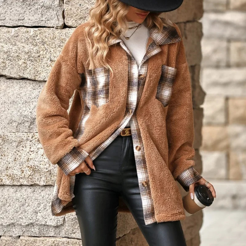 Womens Autumn and Winter Single Breasted Lapel Mid Length Plaid Plush Jacket Coats Long Coat Women Warm 241018