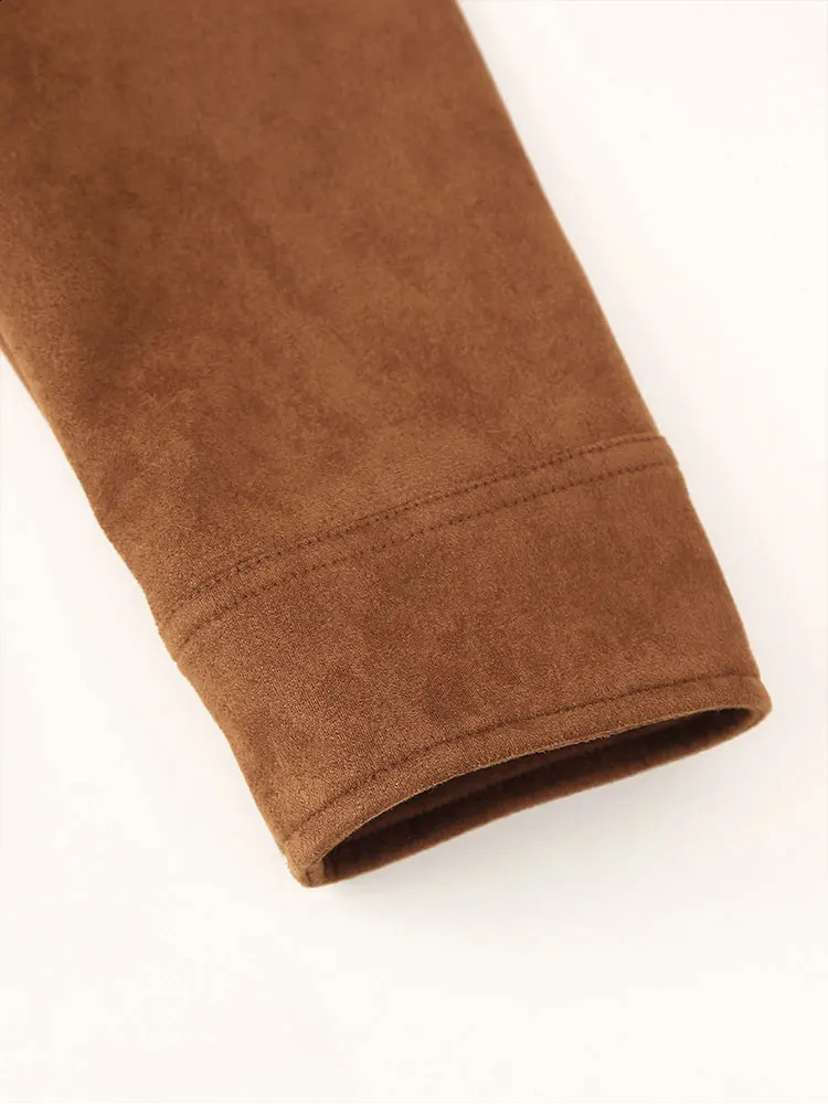 TRAF Autumn Winter Brown Womens Slim Fit Suede Short Jackets Fashion Single Breasted Long Sleeves Cropped Coats Lady Streetwear 241017