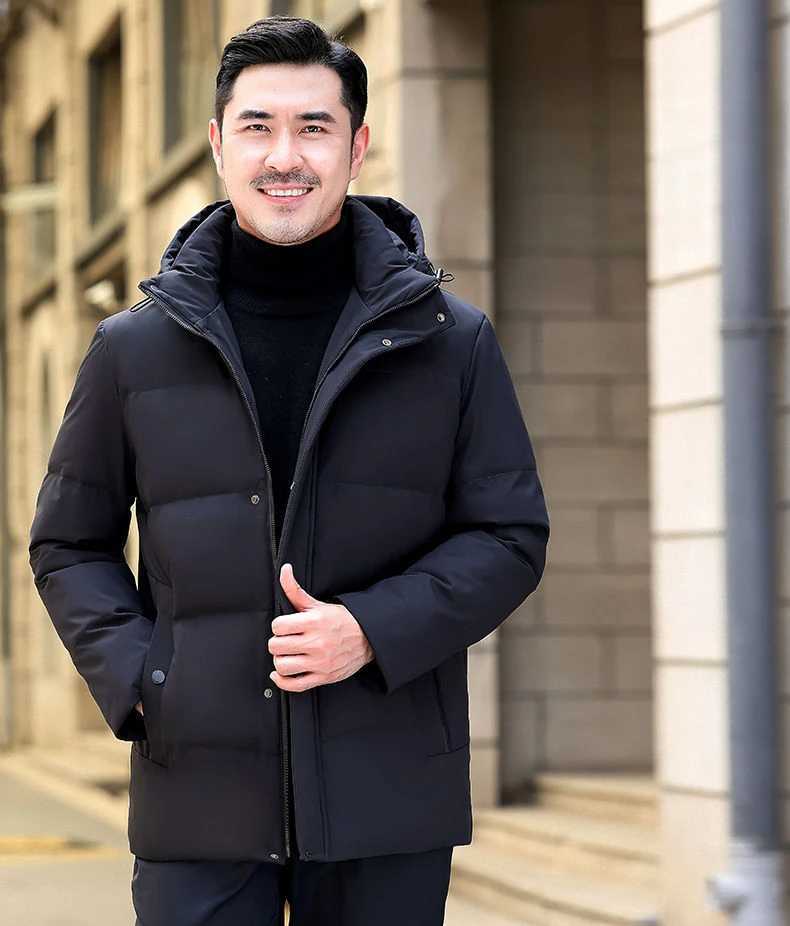 2023 Men Winter Fashion Solid Color Down Jacket Men Short Warm White Duck Down Coats Male Thick Puffer Hooded Overcoat H396 LX241018