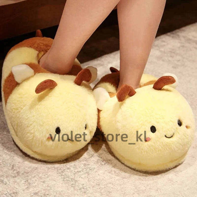 New Home Slippers Cartoon Bee Modeling Design 2023 White Warm Adult Lady Plush Head Silent Indoor Floor Women Fun Slippers 412