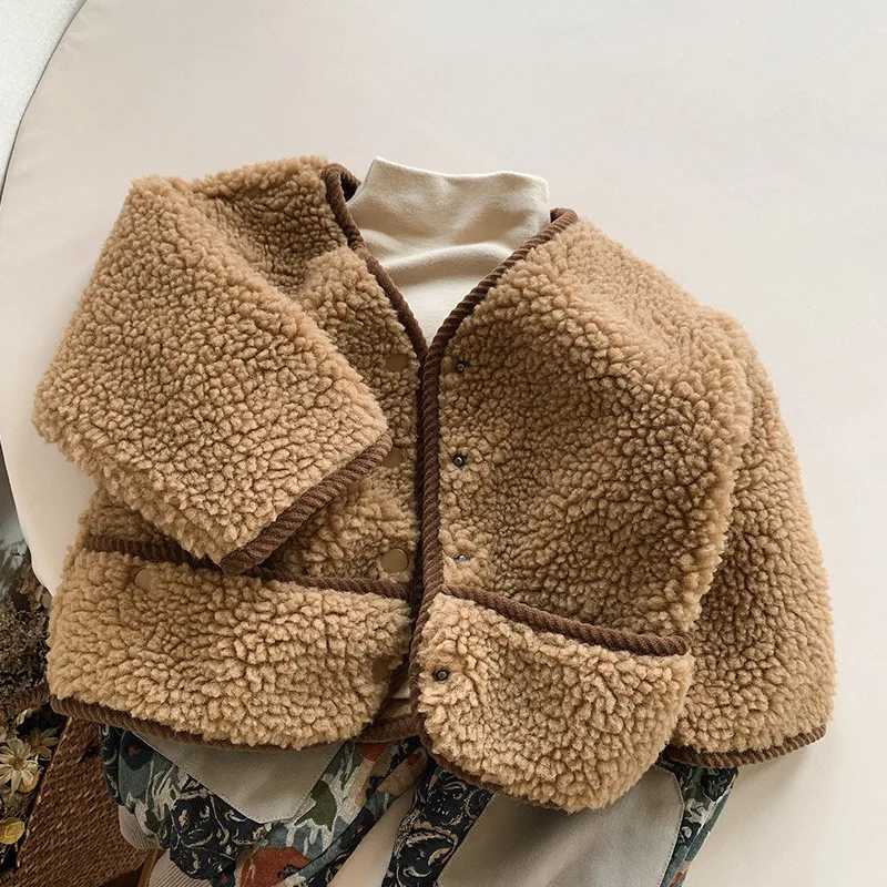 Winter new childrens long sleeved plush coat girls warm open collar wool pure cotton baby boys thick casual jacket childrens clothing M241018