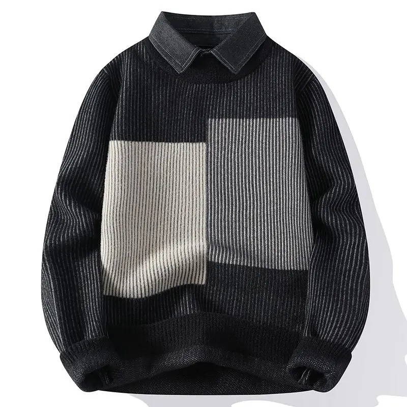 Korean Fashion Autumn Winter Sweaters Mens Shirt Collar Contrast Color Striped Casual Long Sleeve Loose Pullovers Knitted Tops 241018