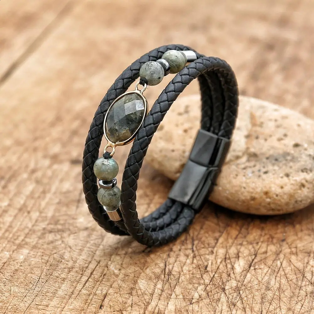 Fashionable Natural Labrador Stone Multi functional Leather Bracelet for Womens Charm Stainless Steel Magnetic Buckle Packaging Bracelet Gift 241018