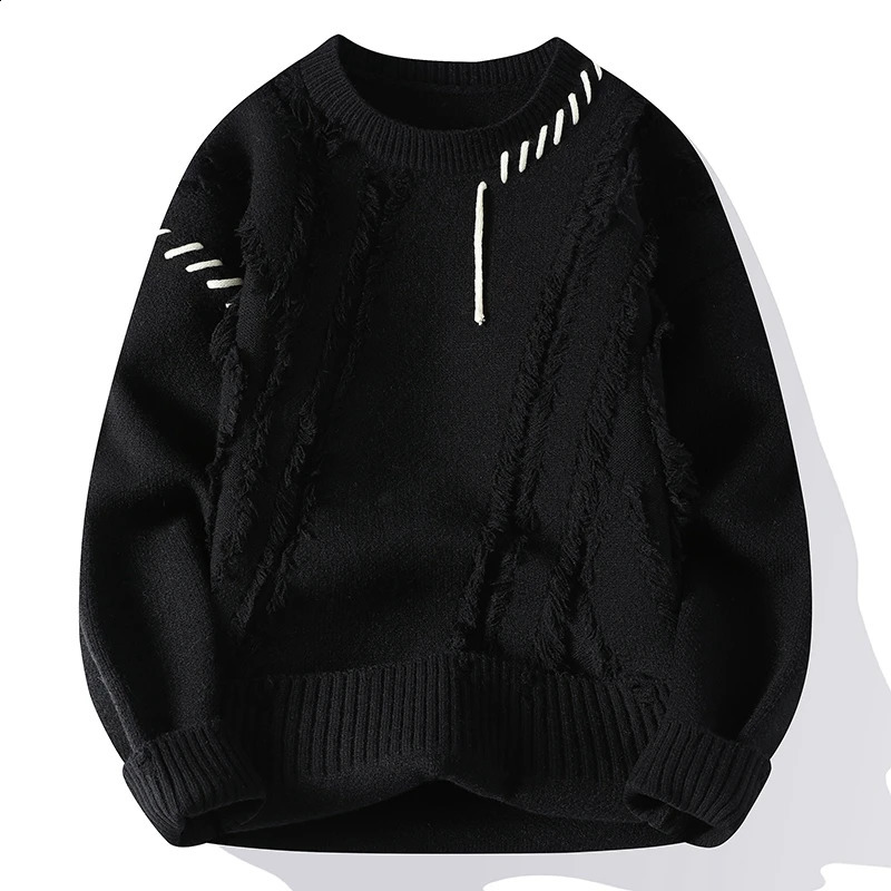 Fashion mens warm knitted sweater patch work O-neck knitted pull-out autumn Korean street clothing pull-out casual mens clothing 241018