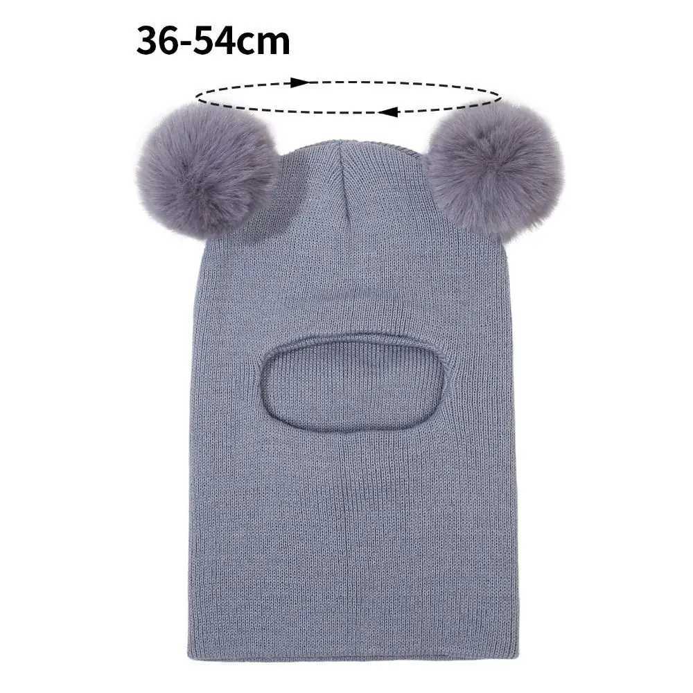 New Cute Balaclava Hats Children Double Balls One-piece Hat Scarf Boys Girls Autumn Winter Pompom Ball Wool Cap LX241018