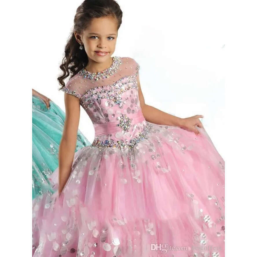 Pageant 2020 Princess Girl's Beaded Ruffles Sheer Neck Ball Gown Or Length Pink Blue Wer Girl Dresses Sequins Dress