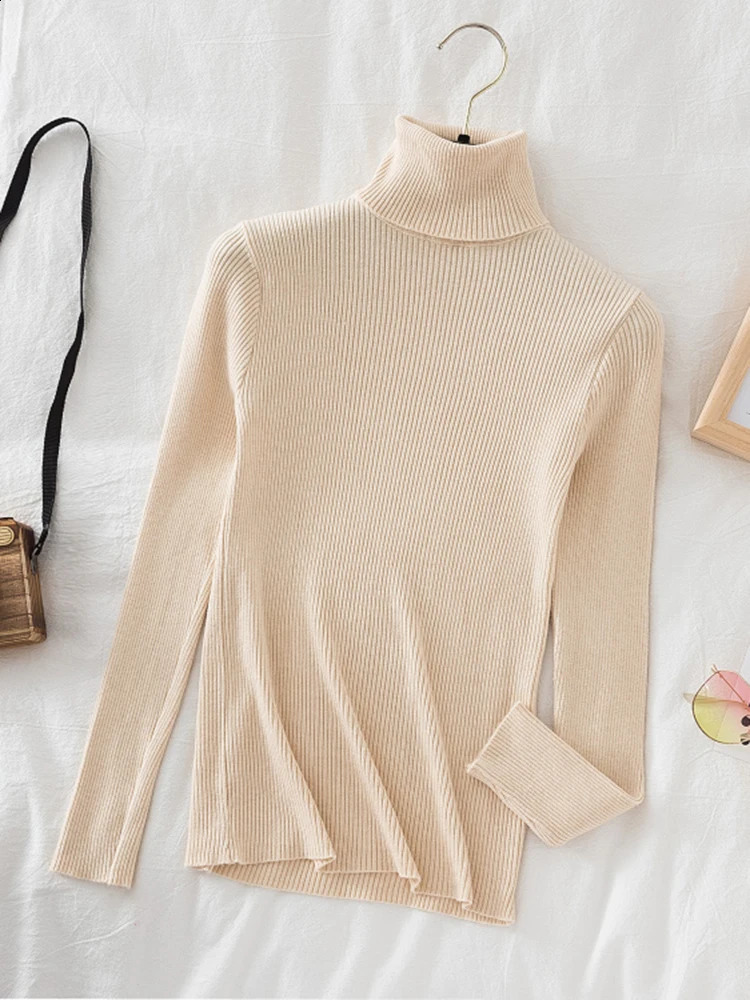Korean Fashion Turtleneck Women Autumn Winter Pullover Sweater Basic Solid Casual Slim Stretch Ribbed Knitted Top Woman Sweaters 241009