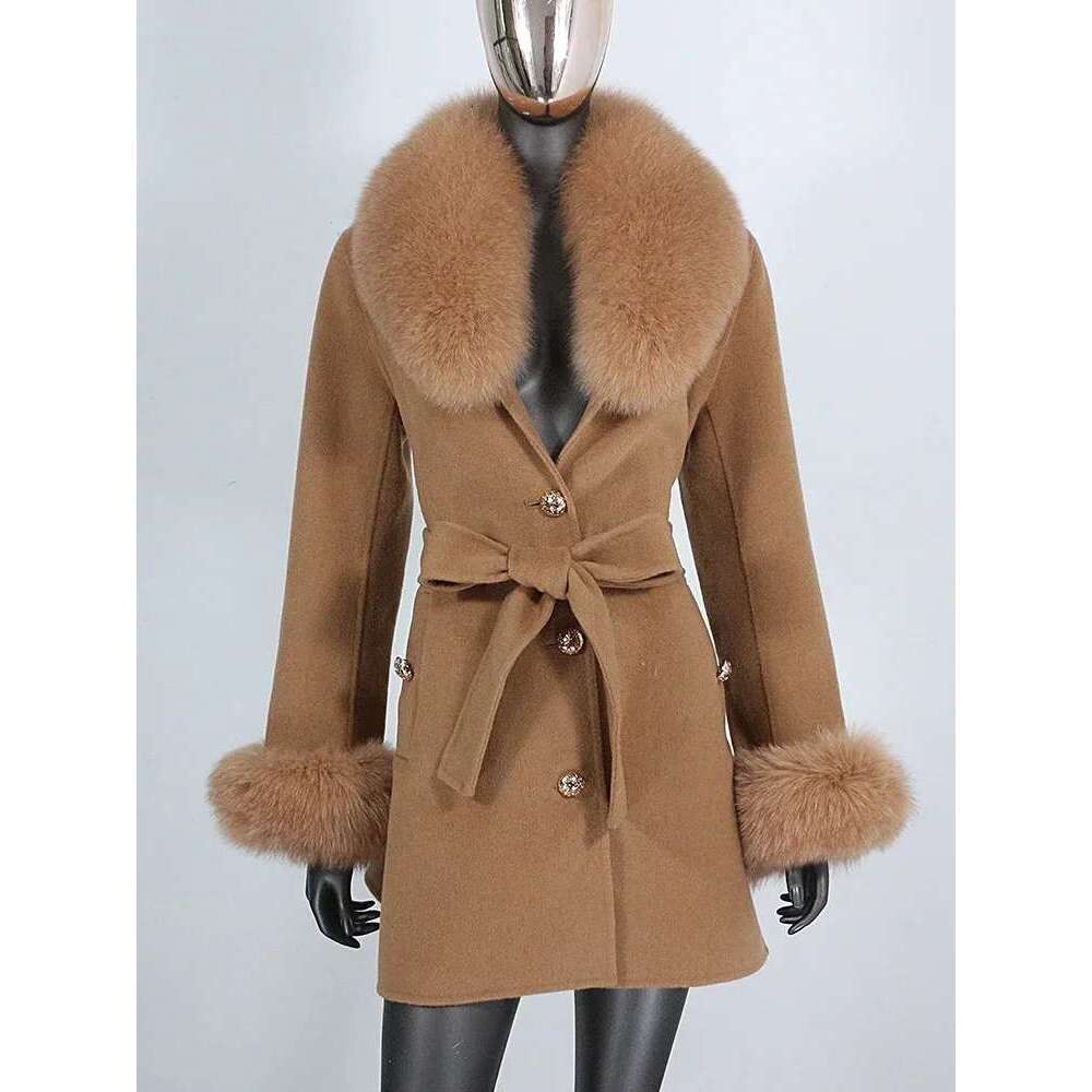 2024 New Winter Jacket Women Cuffs Belt Cashmere Wool Woolen Outerwear Fashion Streetwear Real Coat Natural Fox Fur Collar