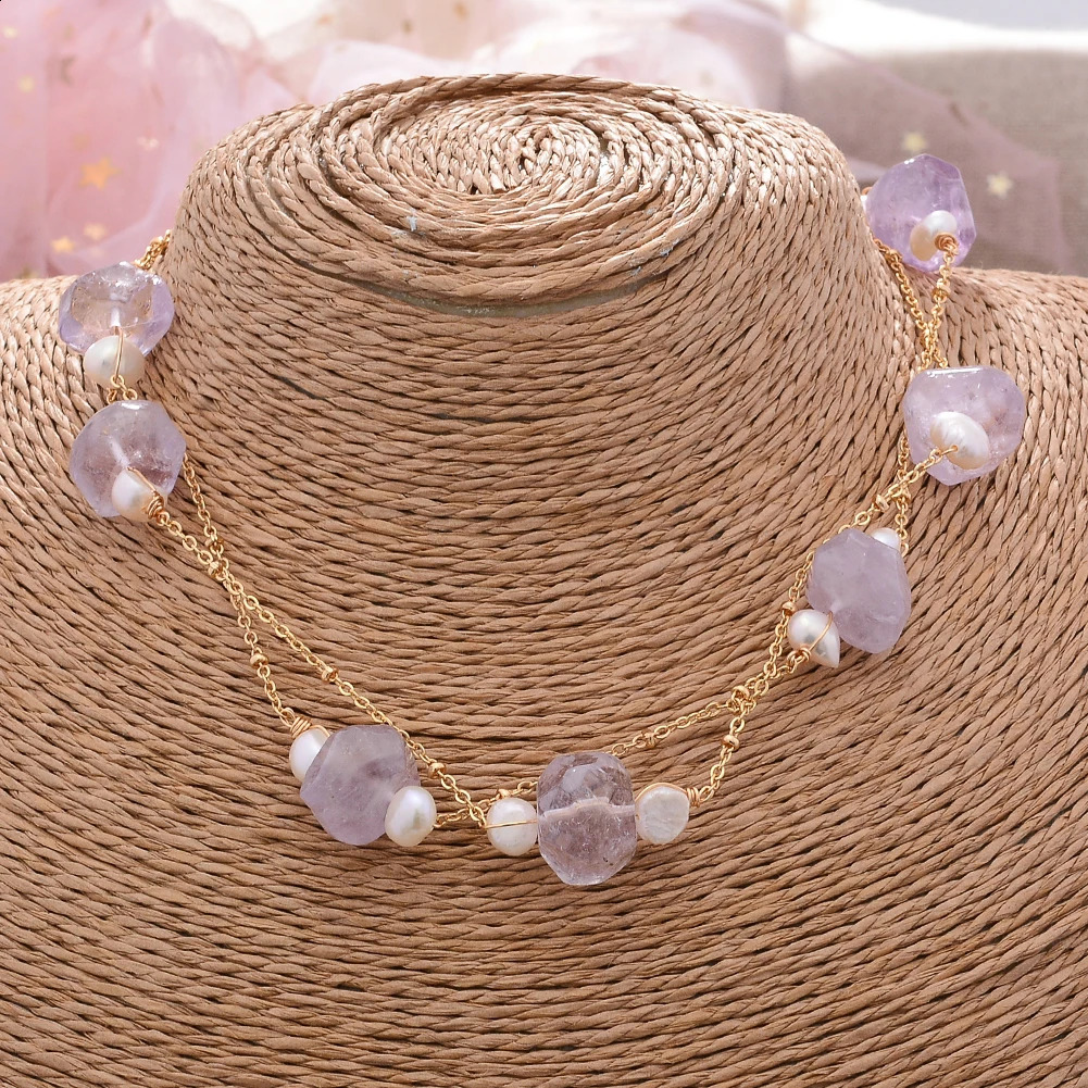 Original handmade 14K gold filled natural freshwater pearl large irregular amethyst womens long necklace womens sweater chain 241018