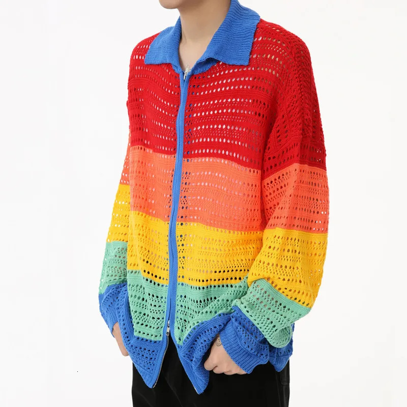 Autumn Product Korean Retro Color Contrast Hollow Rainbow Zipper Knitted Sweater Loose Long Sleeve Coat M4BF1591 241018