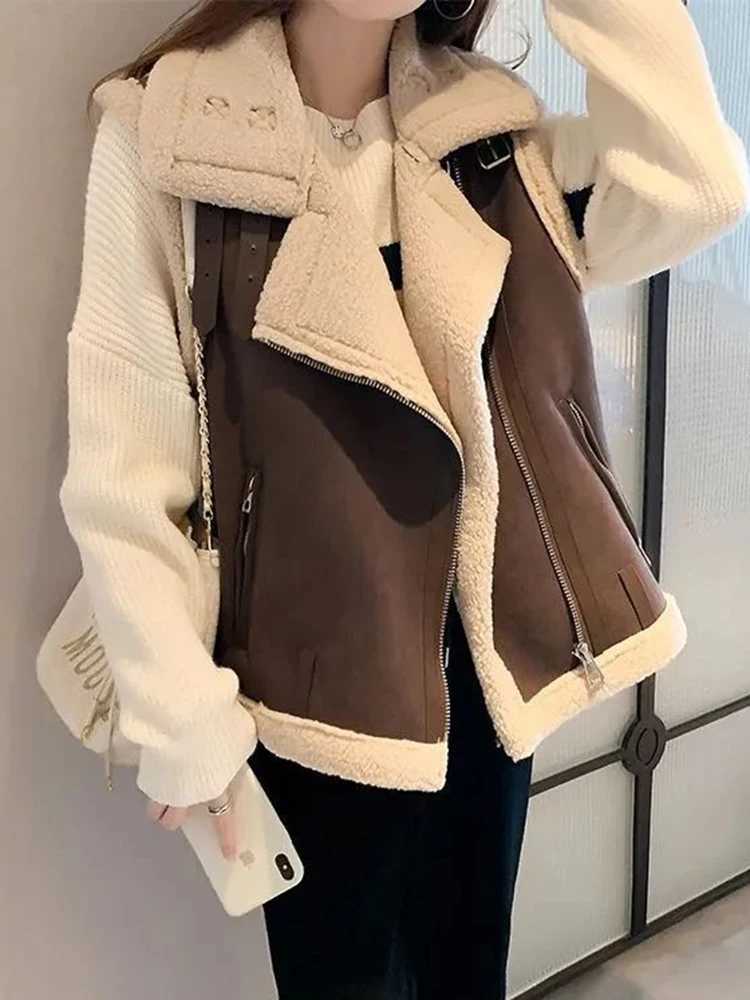 BZVW Leather And Fur Integrated Vest For Women Lapel Zipper Design Contrast Color Lamb Woolen Coats Winter 2024 New 25A8897X241018