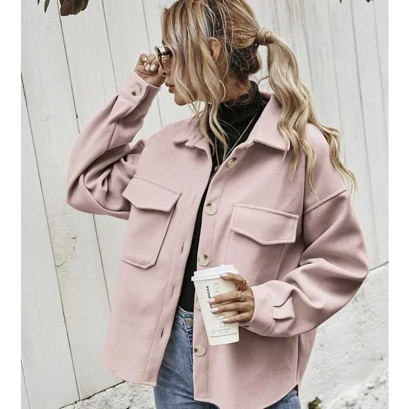 Women Solid Loose Cardigan Pocket Coat Spring Autumn Woolen Coat Women Long Sleeve Single Breasted Turn-down Collar Woolen CoatX241009