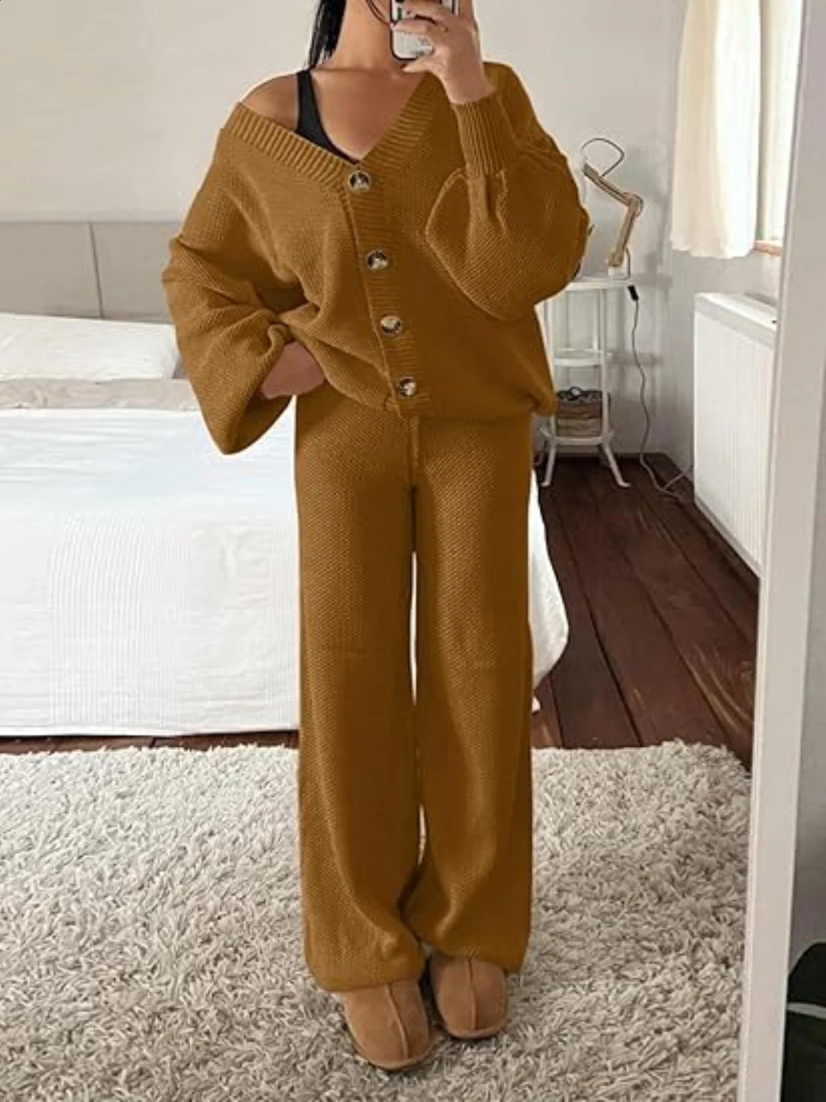 Solid Knit 2 Piece Sets Women Outfit V Neck Single Breasted Cardigan Sweater Tops Wide Leg Pants Casual Loose Fit Long Pant Sets 241017